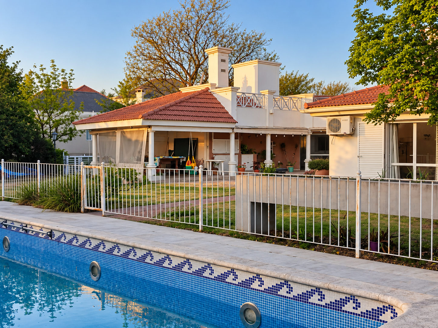 Patio y piscina al atardecer BARRANCAS NORTE – EL MEJOR BARRIO – CLASICA – 3 DORM EN PLANTA BAJA CON TODO